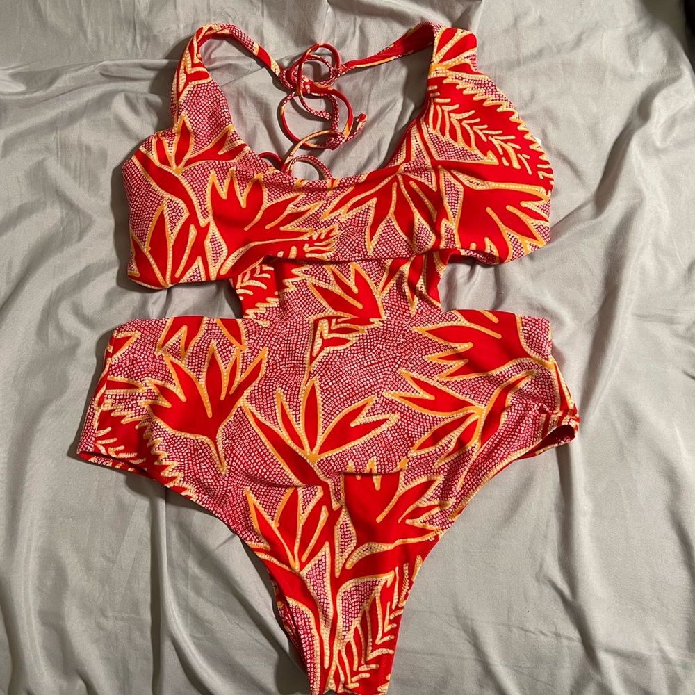 aerie Red & Yellow Tropical One-Piece Swim